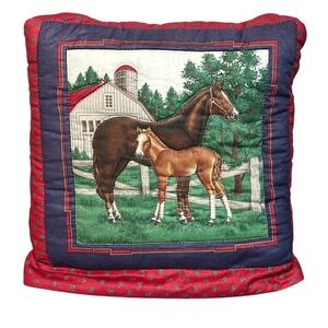 Vintage Handmade Horse and Foal Quilt Folding Blanket/Pillow Farm Scene 68x42